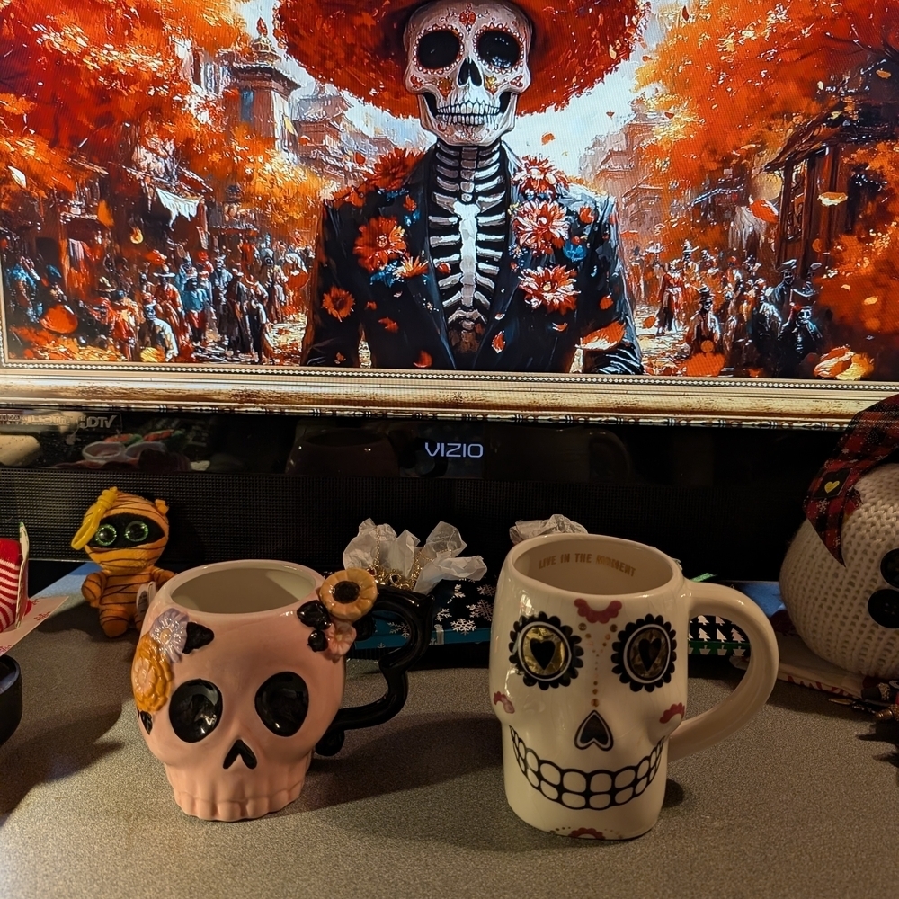 Colorful Skull Mug Set - Pink and White